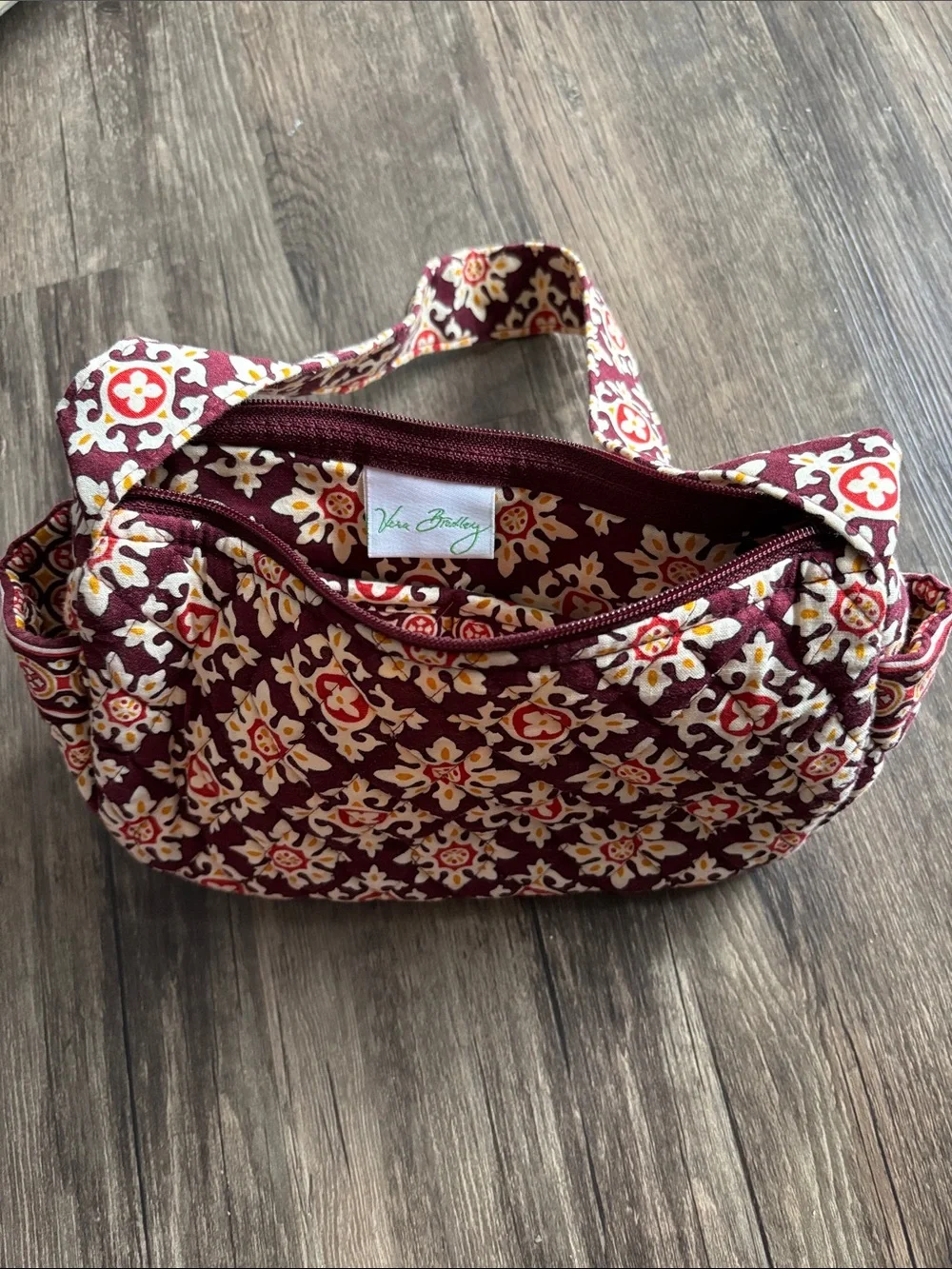 Vera Bradley Quilted Small Single Wide Strap Tote Handbag Burgundy Floral Print